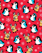 Whimsical Red Penguin Reindeer Snowflakes Rug