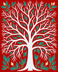 White Tree Red Teal Foliage Art Rug