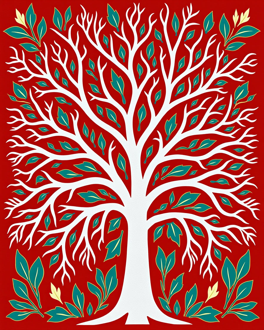 White Tree Red Teal Foliage Art Rug
