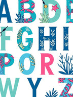 Teal Coral Alphabet Collage Rug