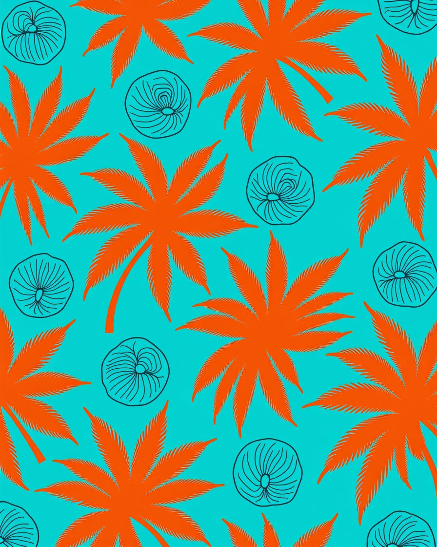 Vibrant Orange Palm Leaves Aqua Rug
