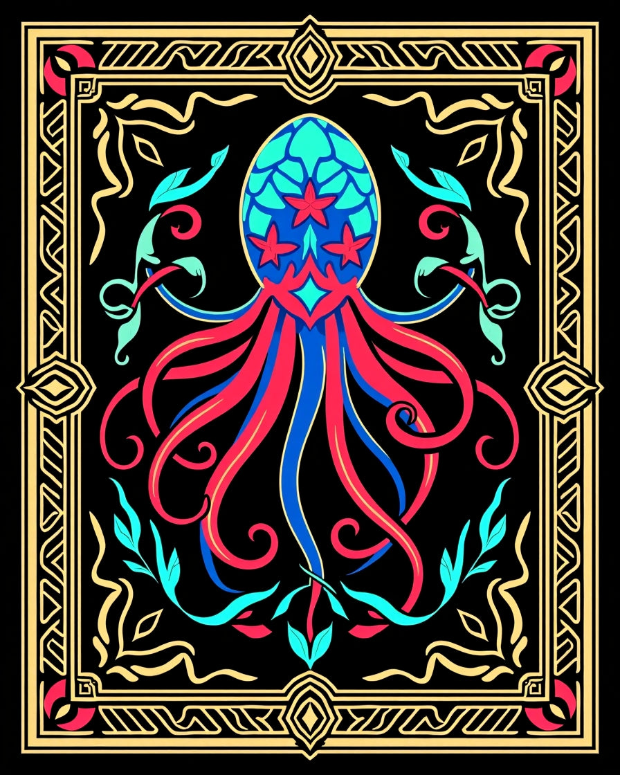 Vivid Teal Red Octopus Frame Rug