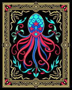 Vivid Teal Red Octopus Frame Rug