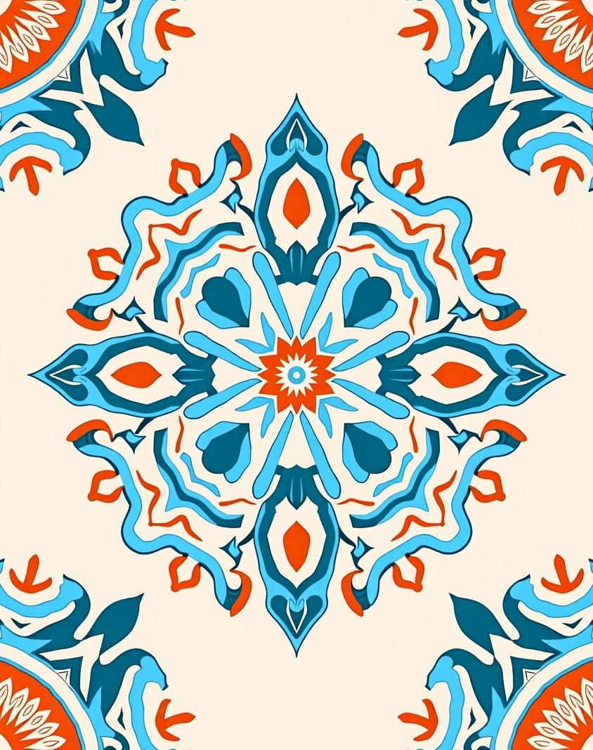 Vibrant Orange Blue Mandala Symmetry Rug