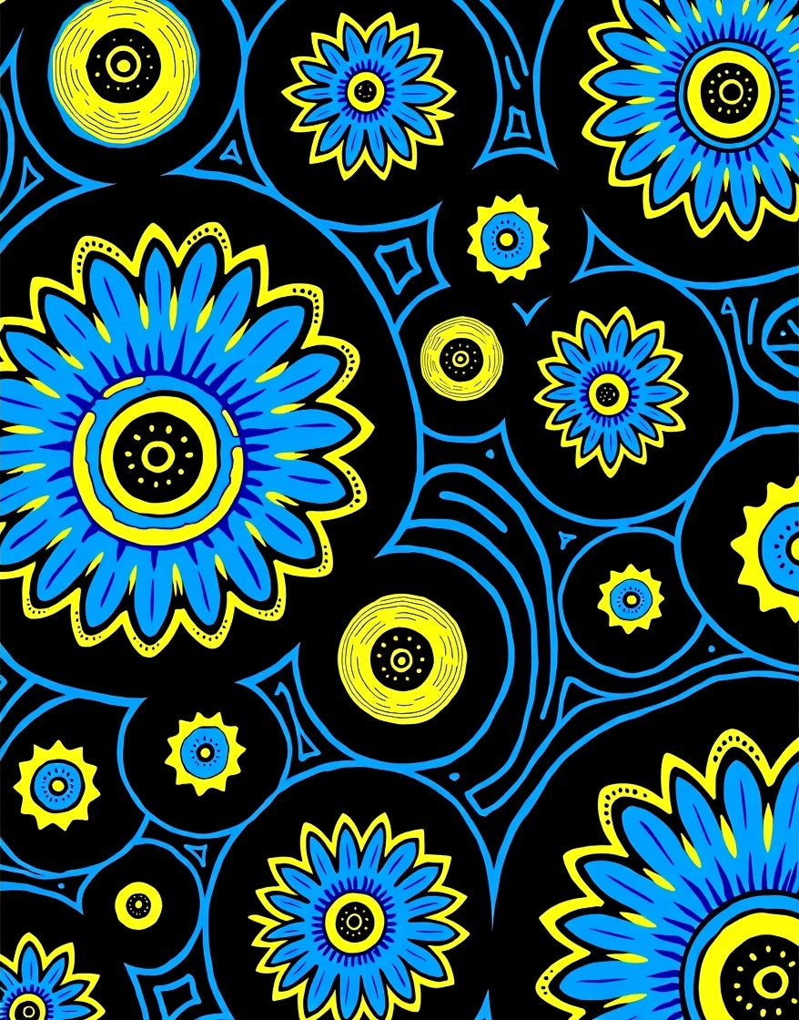 Bold Blue Yellow Floral Burst Rug