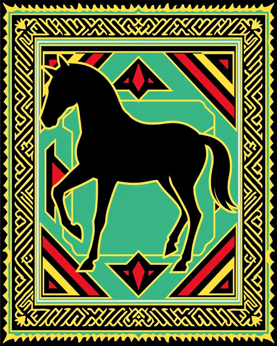 Bold Black Horse Emerald Tribal Rug