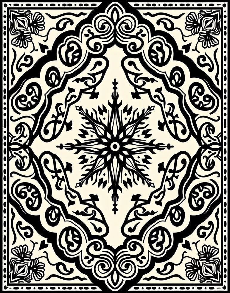 Ivory Black Arabesque Scrollwork Collection Rug
