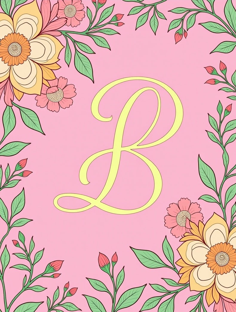 Pink Floral Frame Monogram B Rug