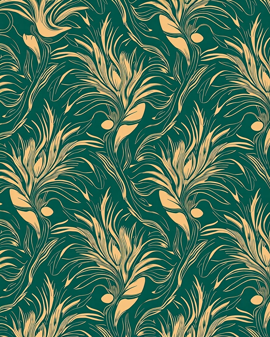 Emerald Teal Golden Feather Swirl Rug