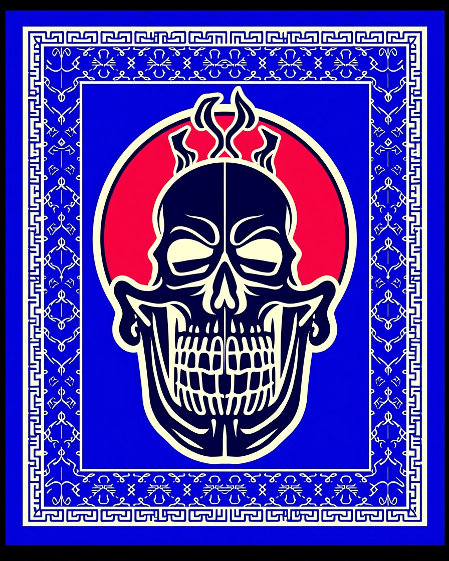 Bold Crimson Skull Blue Border Rug
