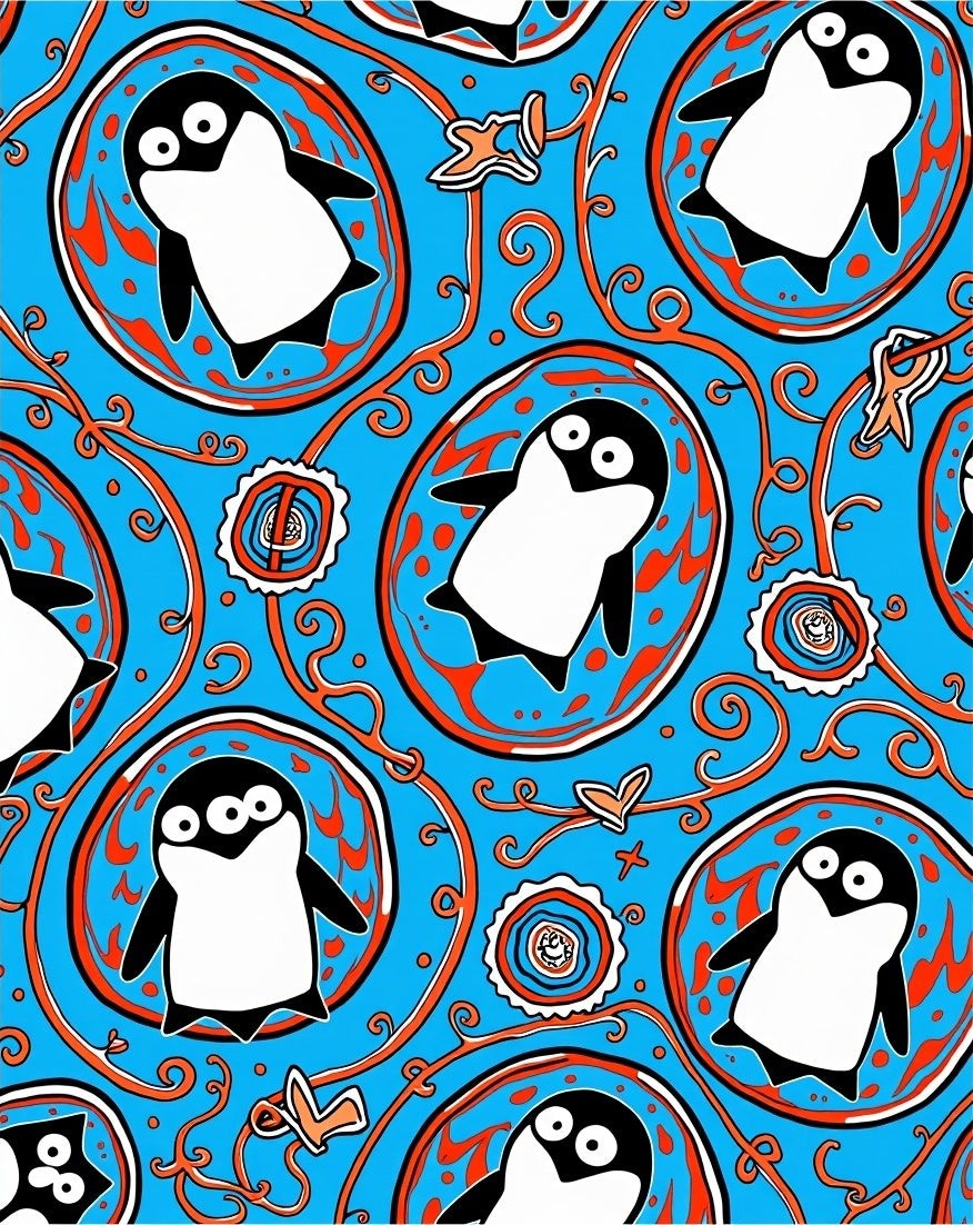 Whimsical Blue Penguin Medallion Rug