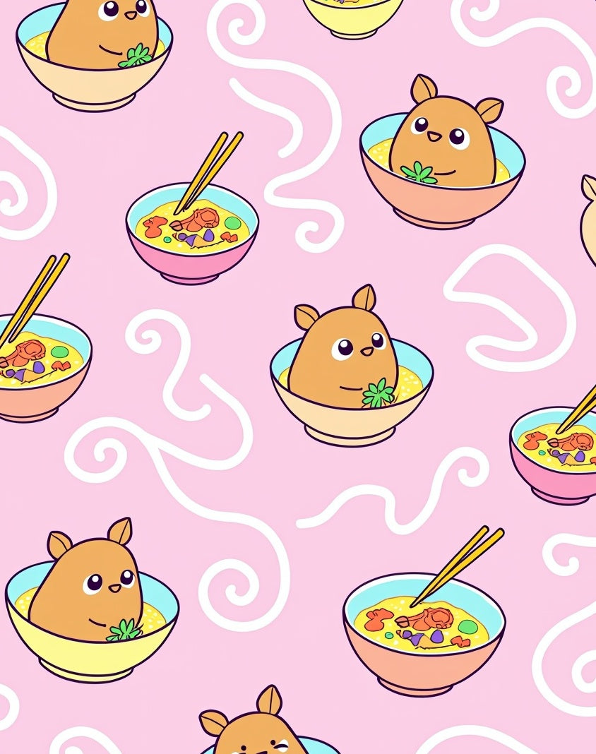 Cute Brown Bear Ramen Bowl Pink Rug