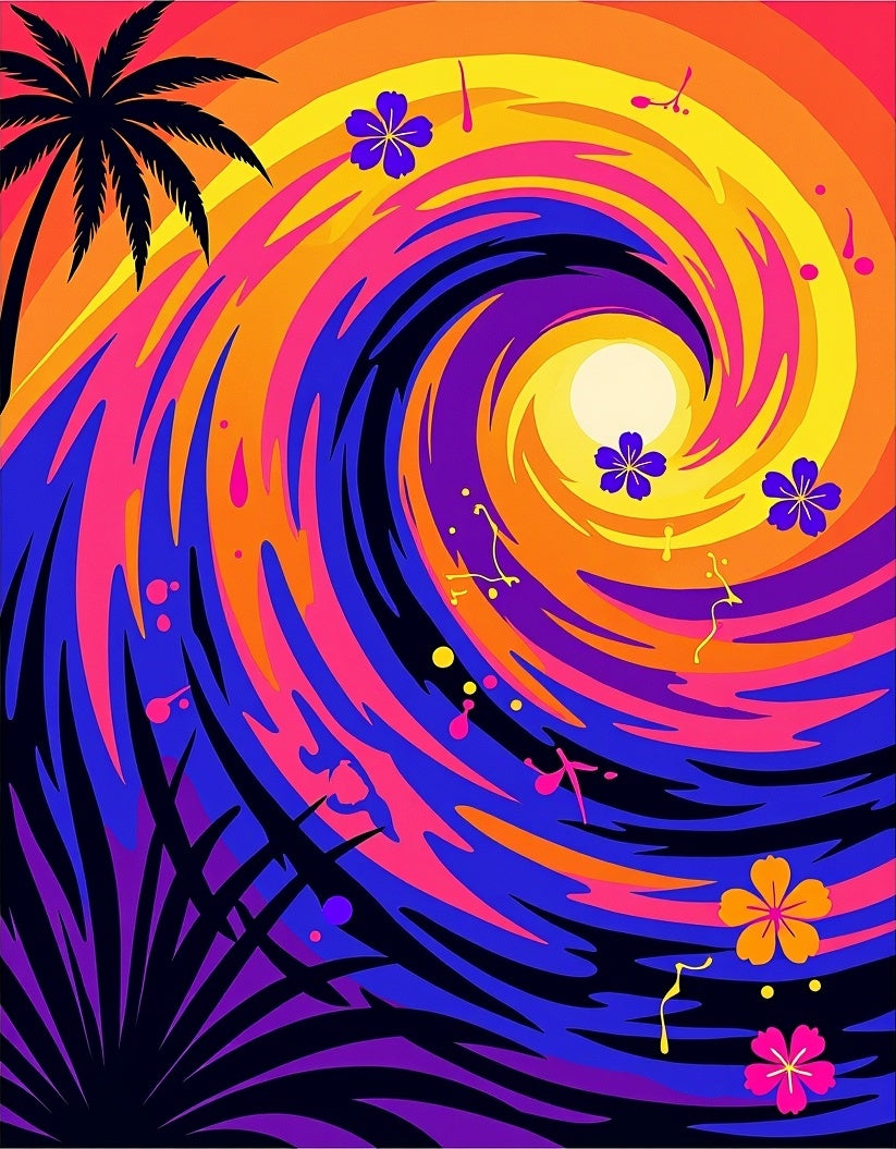 Vibrant Tropical Swirl Palm Tree Rug