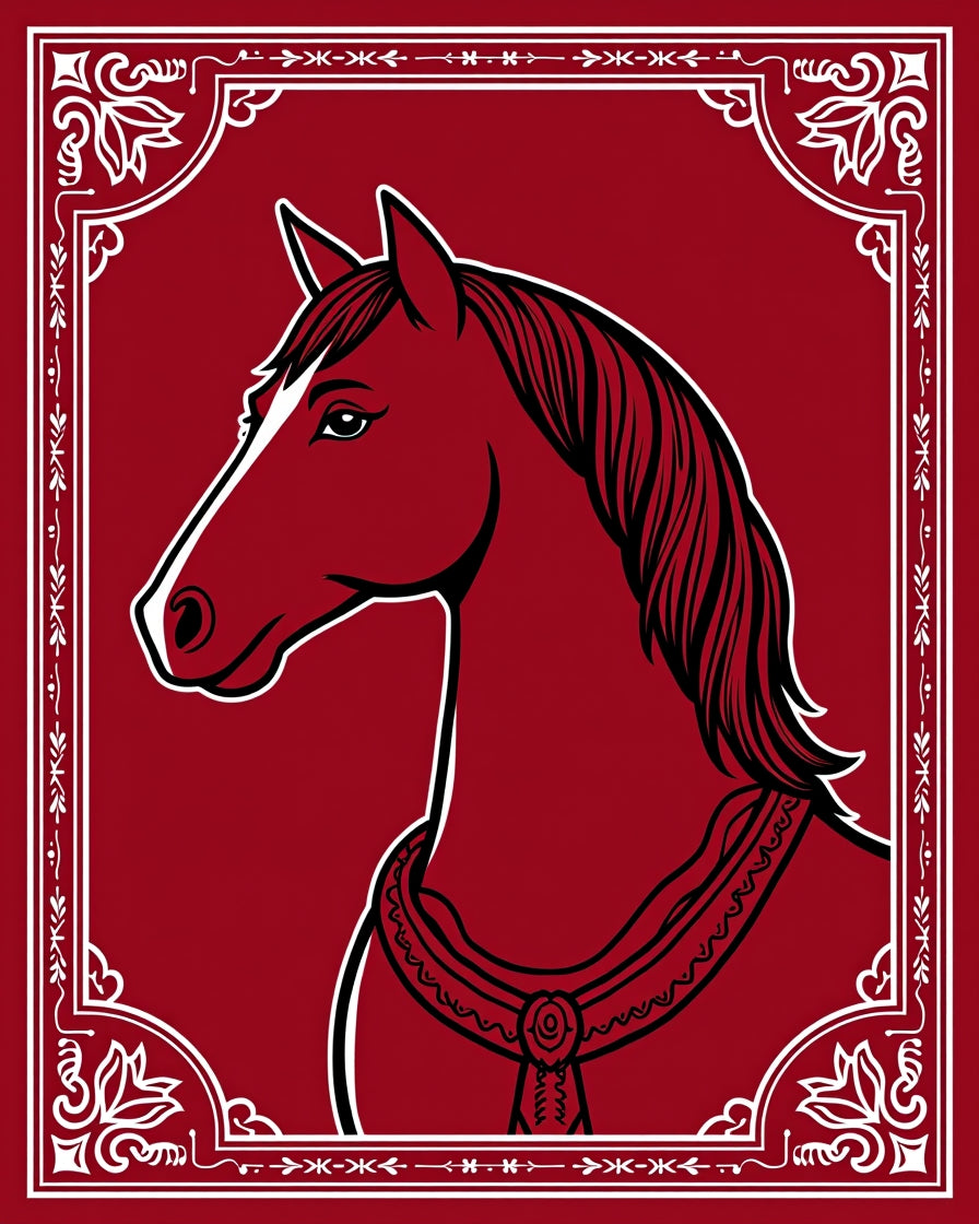 Regal Crimson Horse Silhouette Border Rug