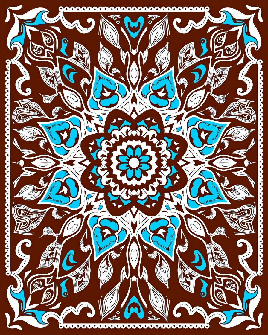 Brown Turquoise White Floral Mandala Rug
