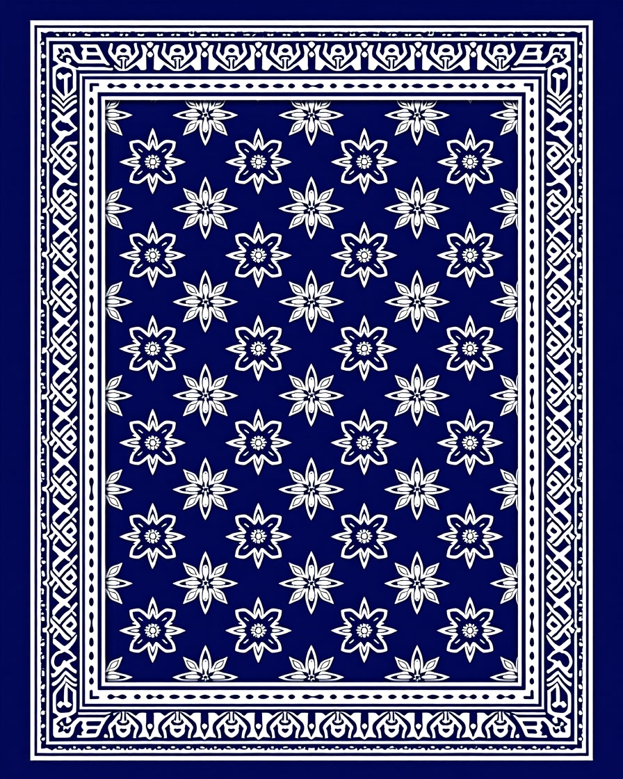 Deep Blue Floral Bordered Rug