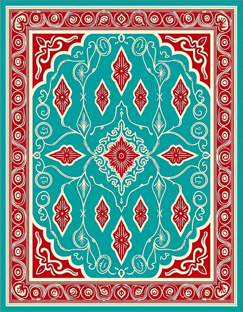 Turquoise Red Filigree Ornamental Rug