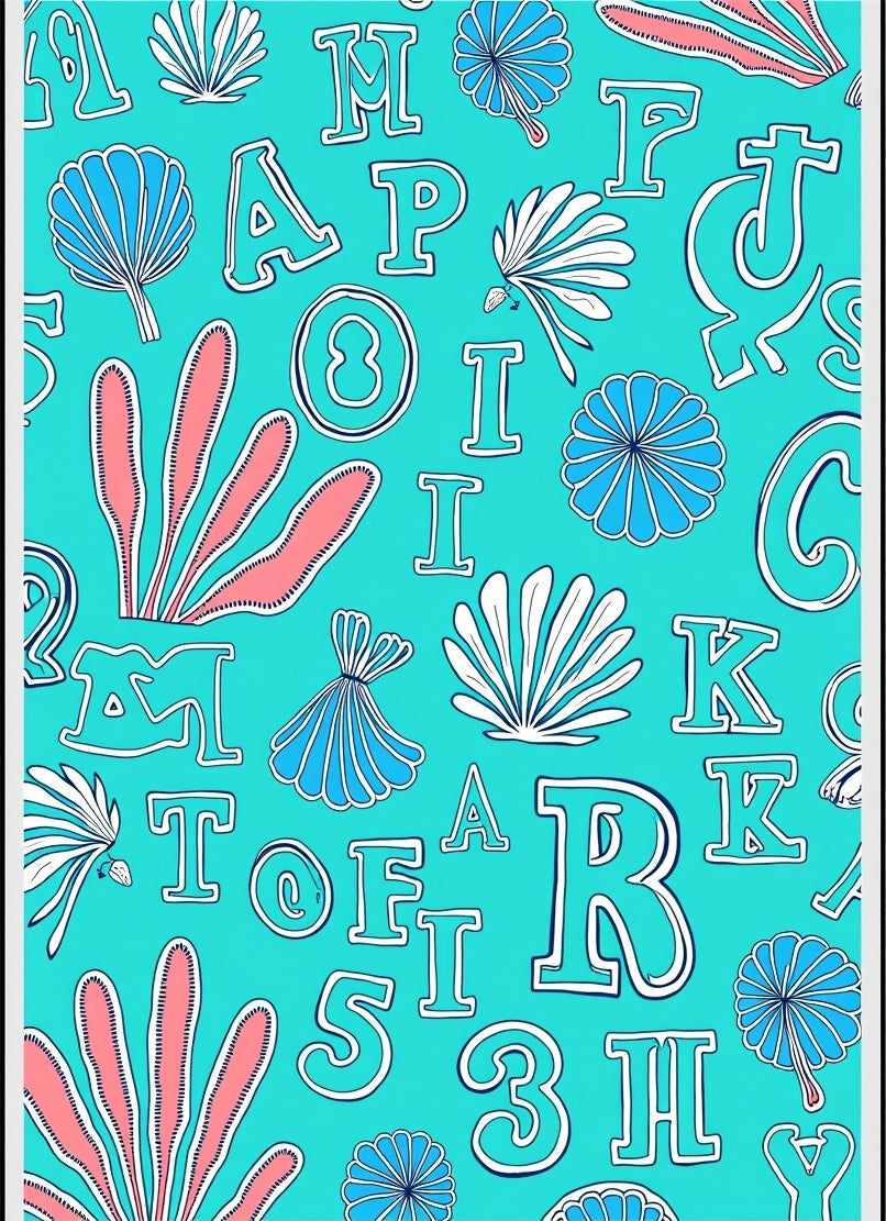 Aqua Retro Alphabet Floral Fan Rug