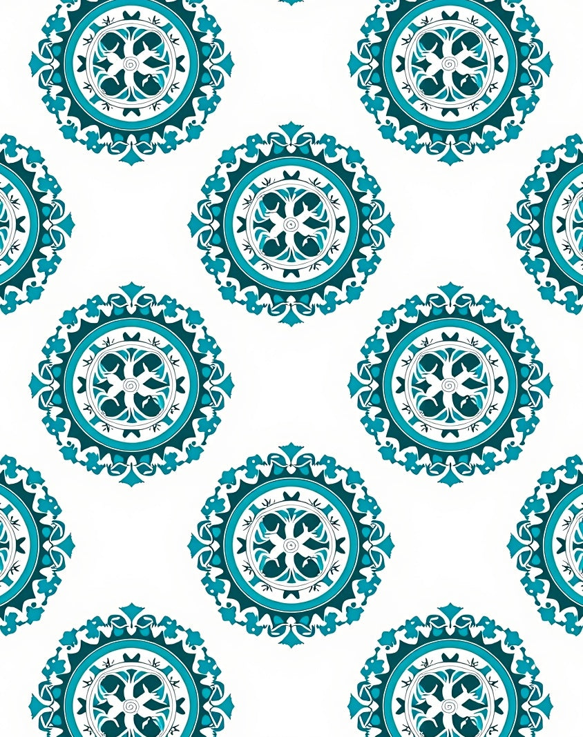 Teal White Circular Medallion Arrangement Rug