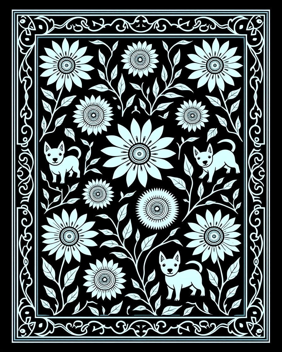 Pale Blue Floral Canine Garden Border Rug