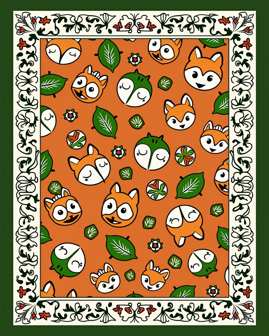 Whimsical Fox Faces Orange Green Border Rug