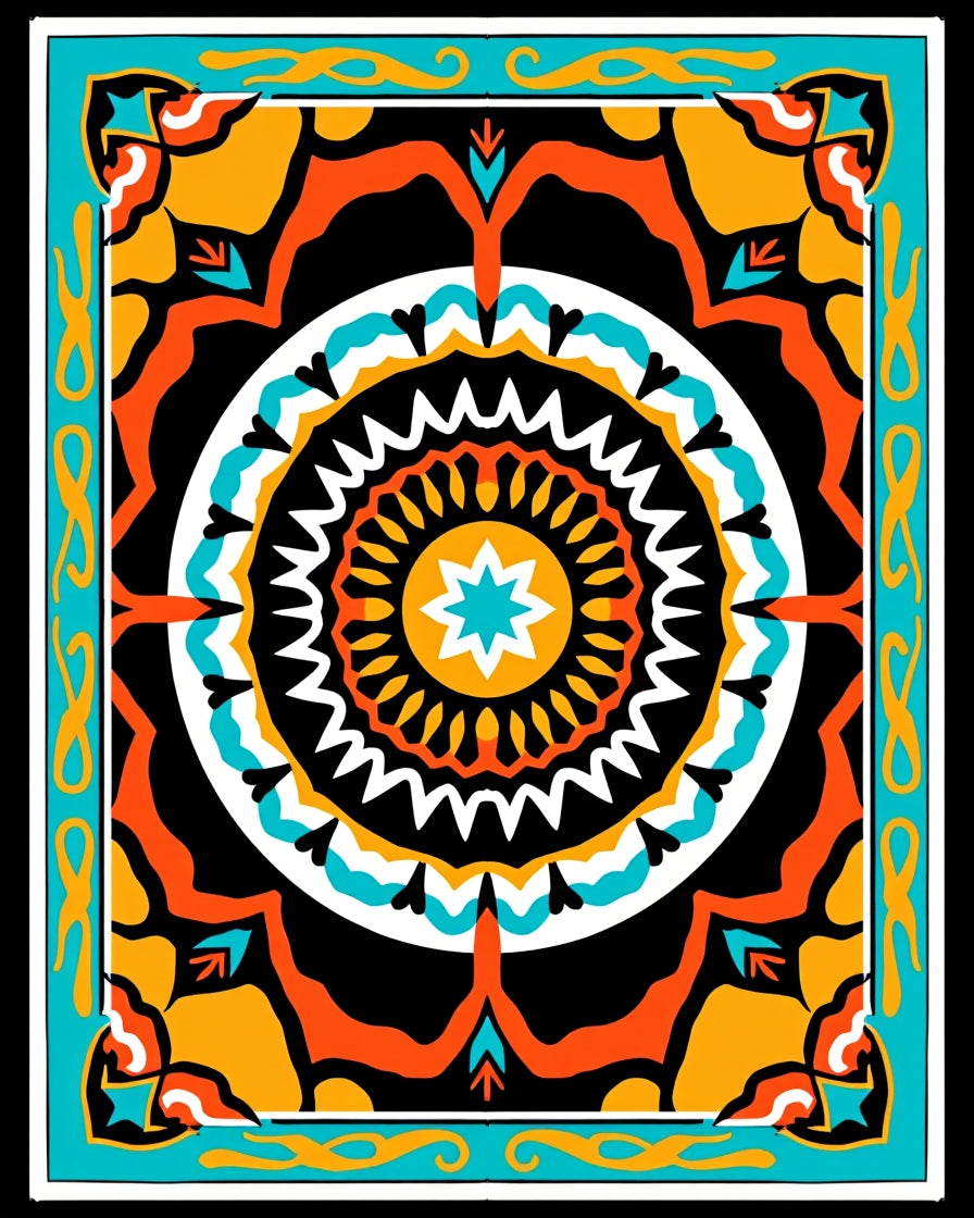 Bright Teal Orange Geometric Medallion Rug