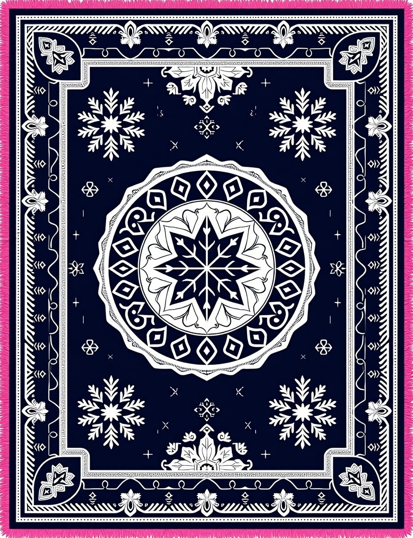 Navy Medallion Snowflake Tribal Fringe Rug