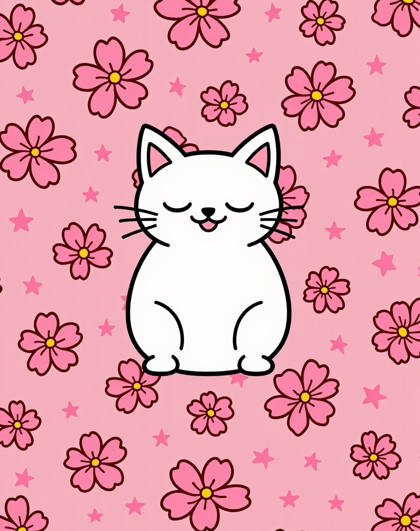 Cute White Cat Pink Cherry Blossoms Rug