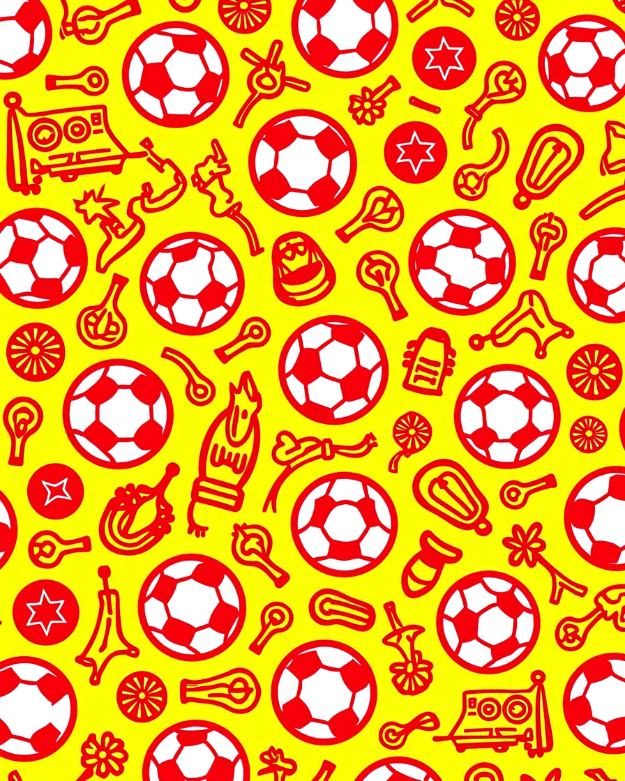 Red Soccer Balls Festive Yellow Repeat Rug