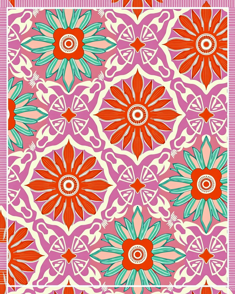 Vibrant Fuchsia Orange Floral Mandala Rug