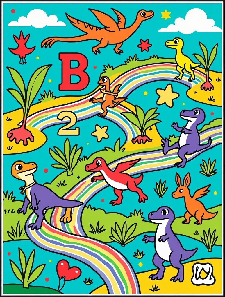Playful Dinosaur Rainbow Landscape Rug