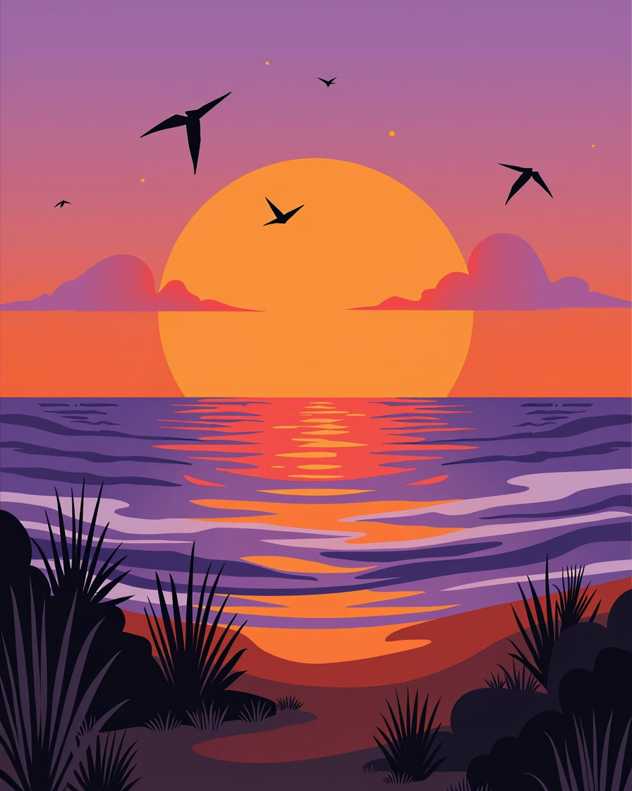 Sunset Beach Birds Purple Orange Waves Rug