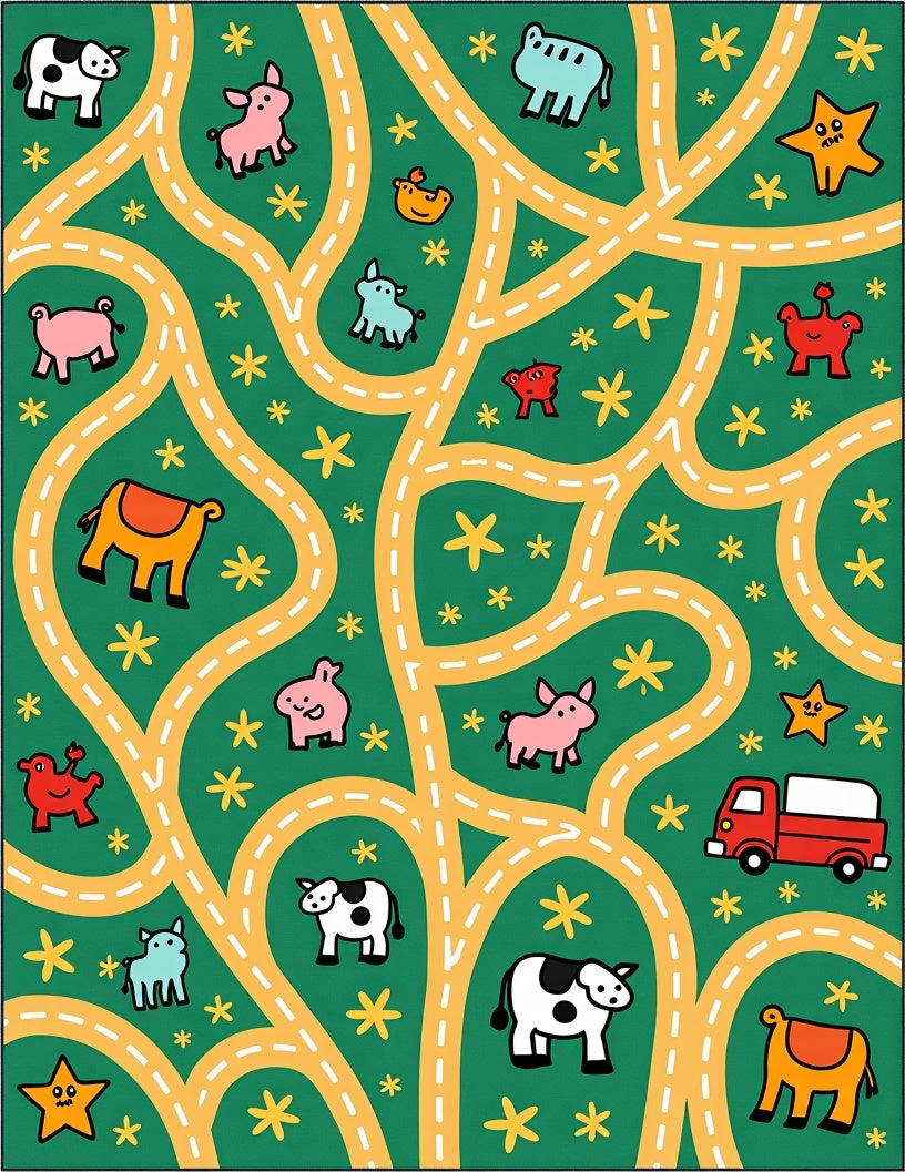 Whimsical Farm Animal Road Adventure Rug
