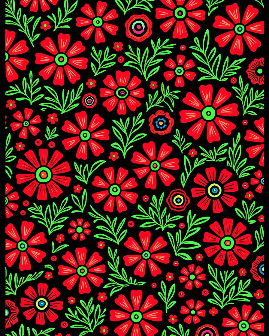Vibrant Red Folk Floral Garden Rug