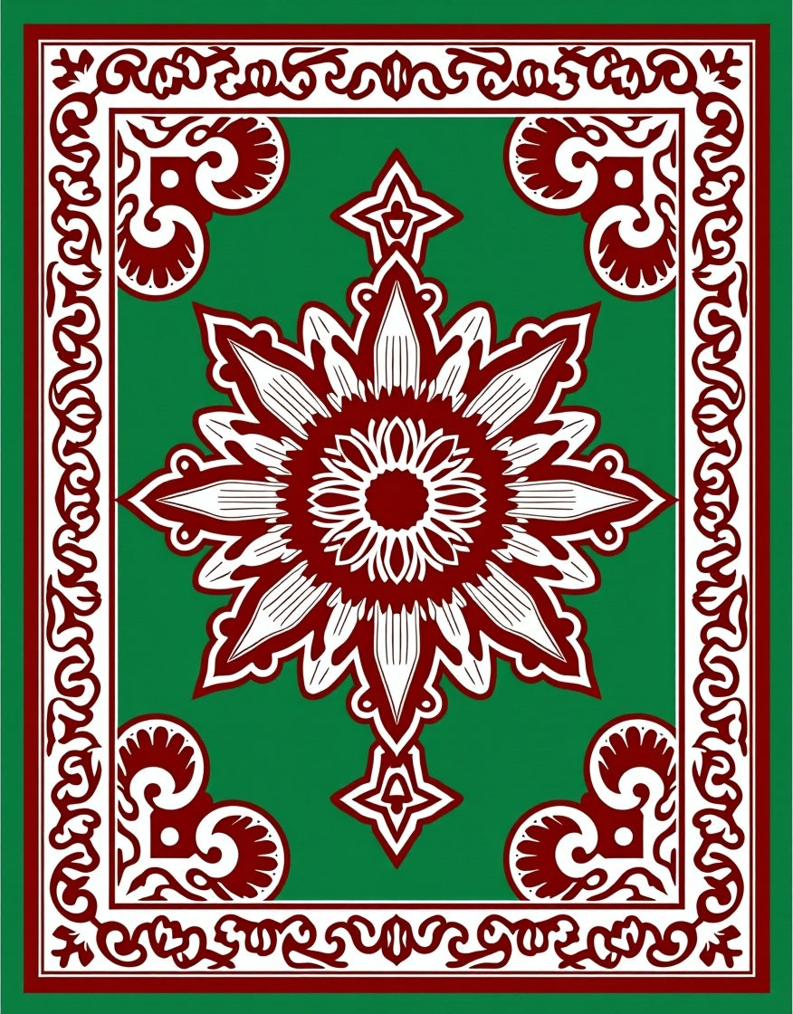 Crimson White Floral Border Green Rug
