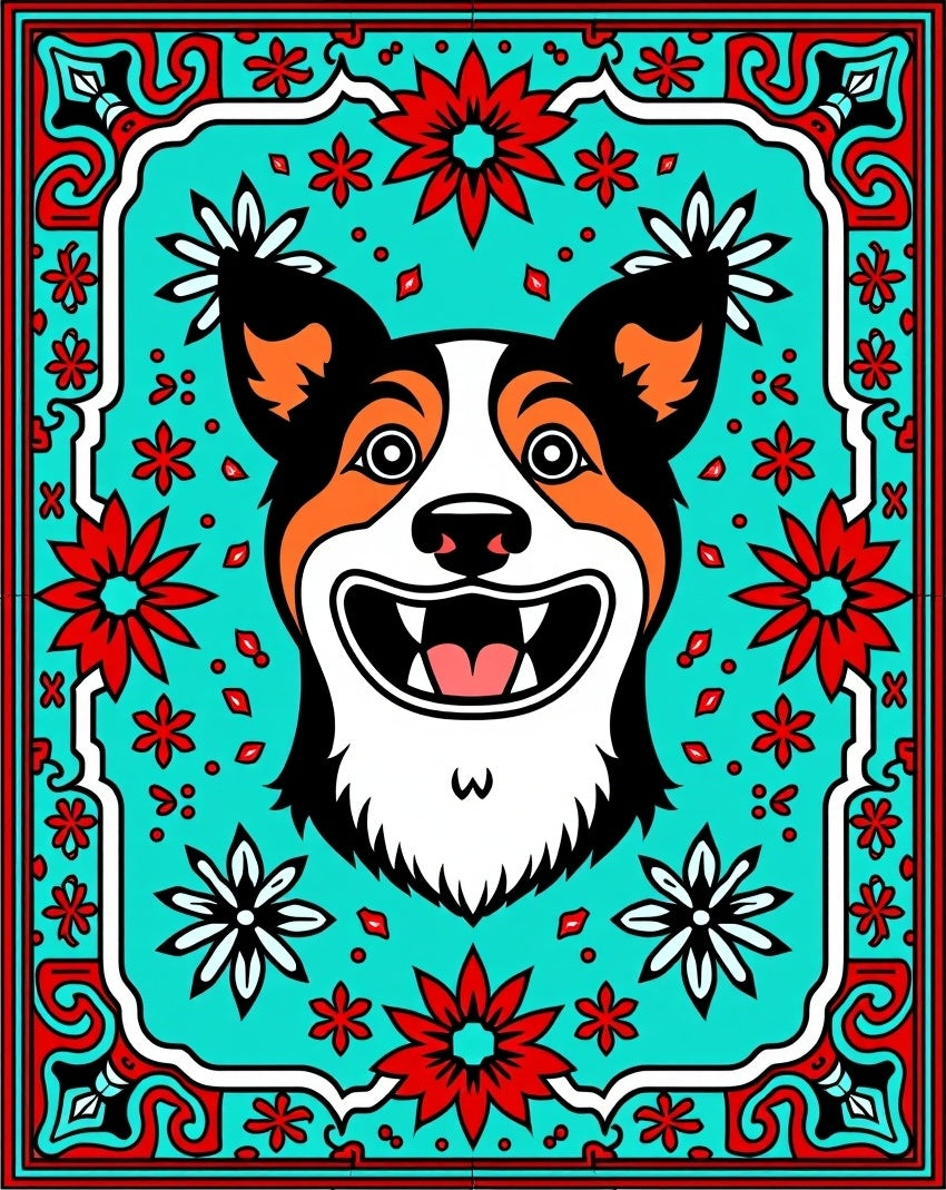 Bright Turquoise Corgi Floral Frame Rug