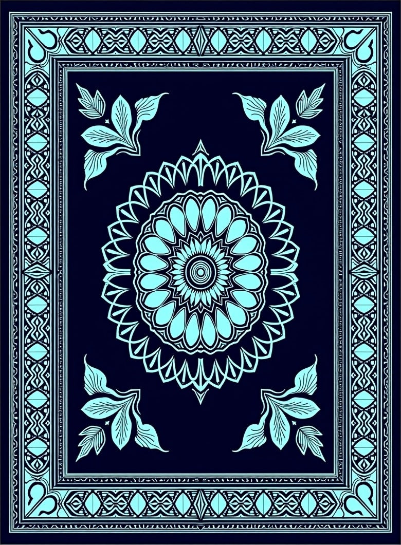 Cyan Floral Mandala Border Rug