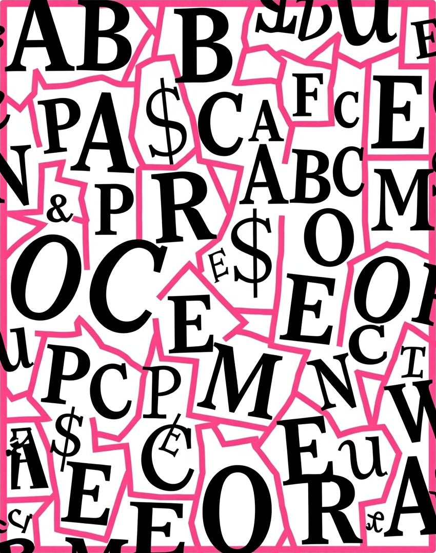 Black White Pink Alphabet Collage Rug