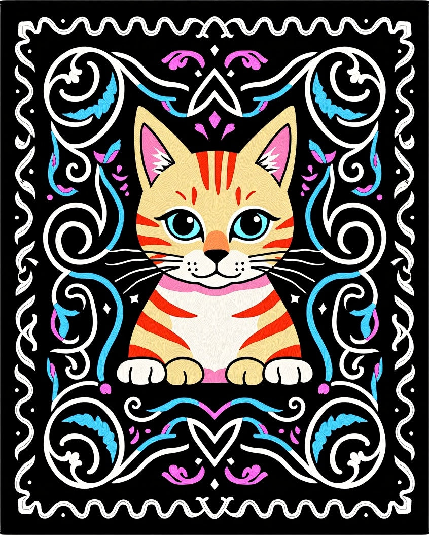 Orange Tabby Cat Whimsical Scrollwork Rug