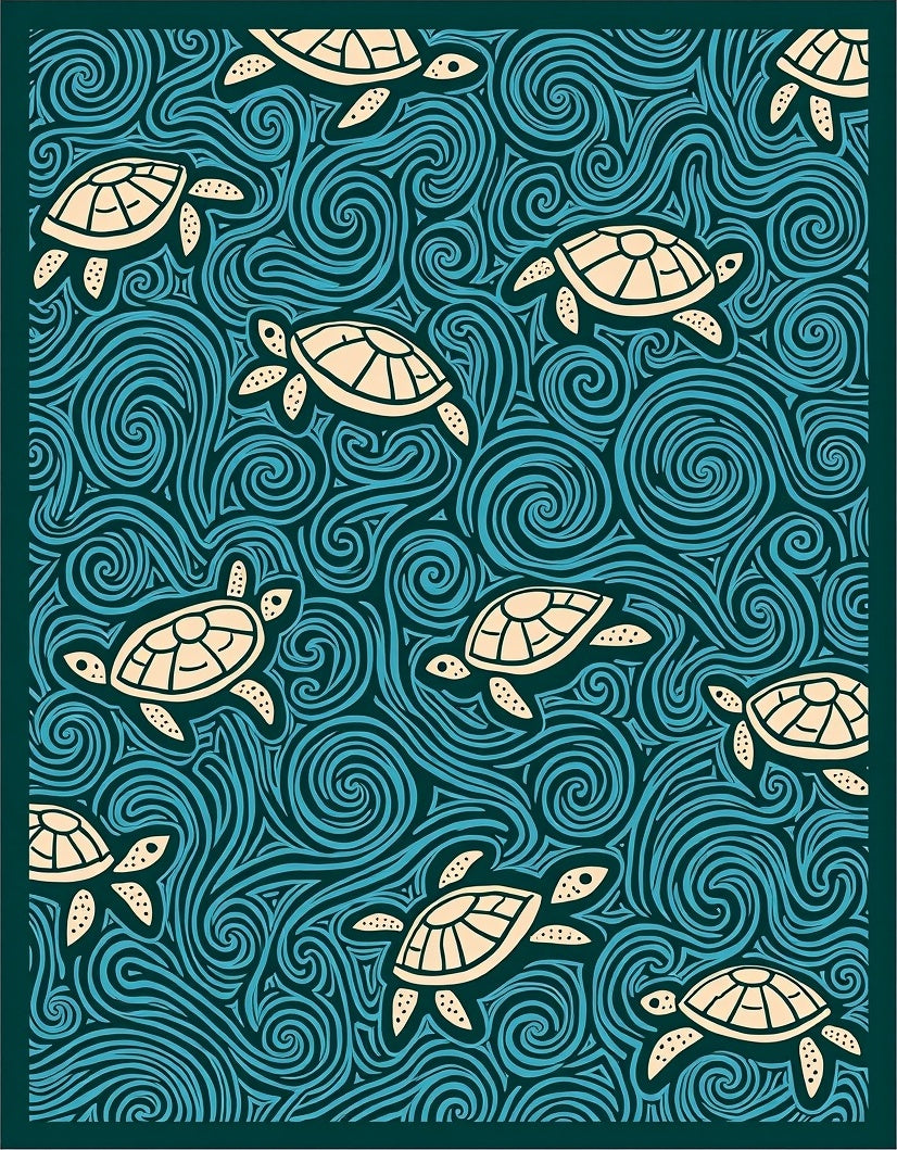 Turtles Amidst Teal Swirling Waves Rug