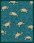 Turtles Amidst Teal Swirling Waves Rug