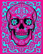 Vibrant Pink Cyan Skull Foliage Rug