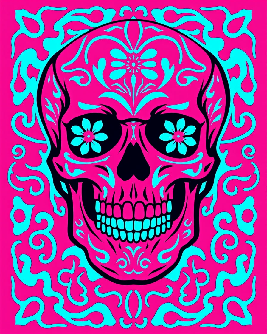 Vibrant Pink Cyan Skull Foliage Rug