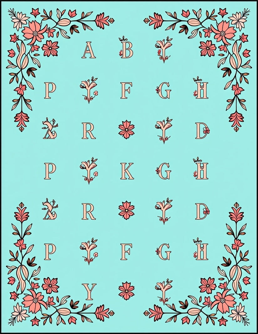 Teal Floral Alphabet Border Rug