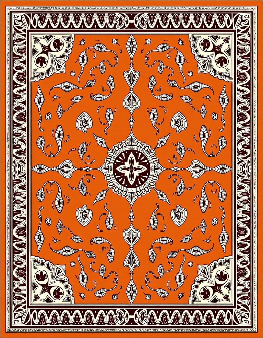 Vibrant Orange Medallion Floral Border Rug