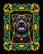 Joyful Black Dog Floral Wreath Accent Rug