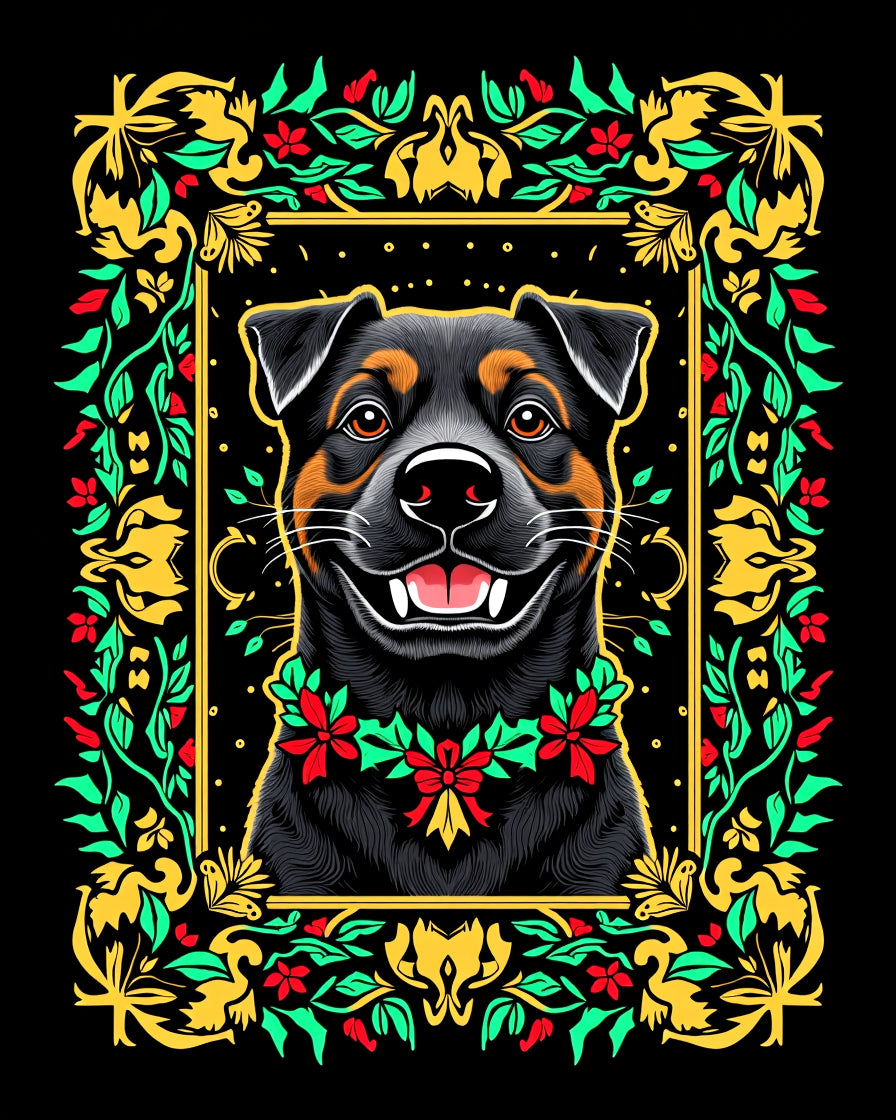 Joyful Black Dog Floral Wreath Accent Rug