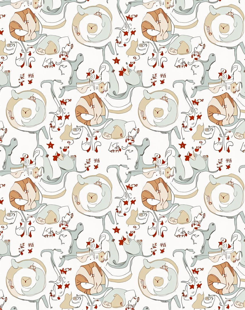 Whimsical Cartoon Creatures Red Star Swirls Rug