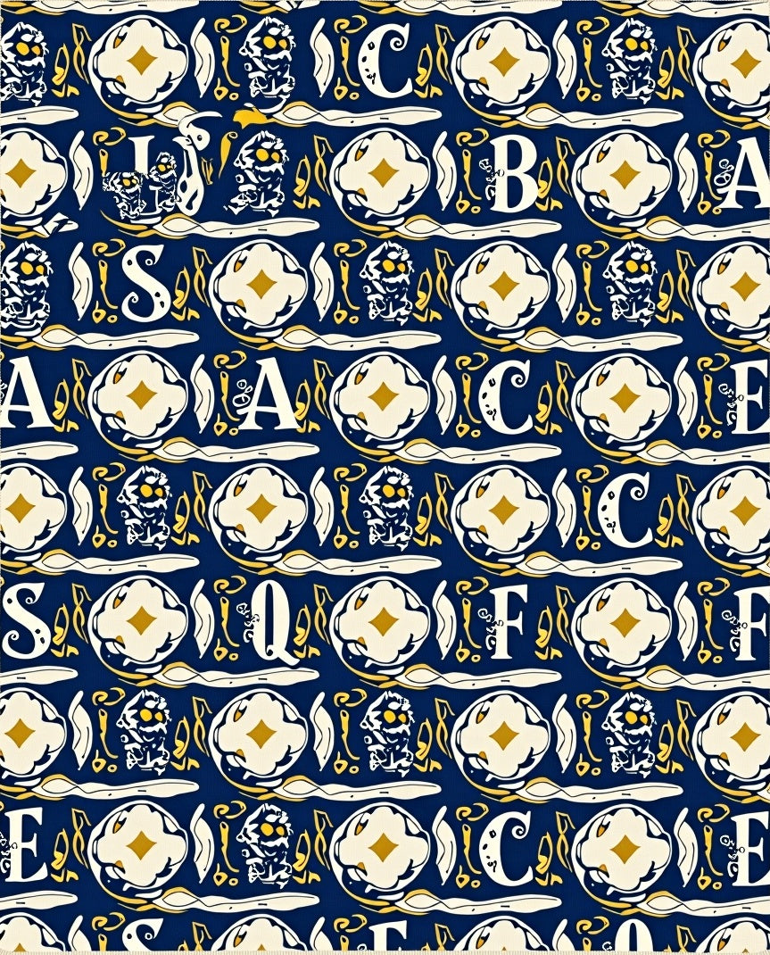 Navy Blue Golden Alphabet Medieval Tapestry Rug