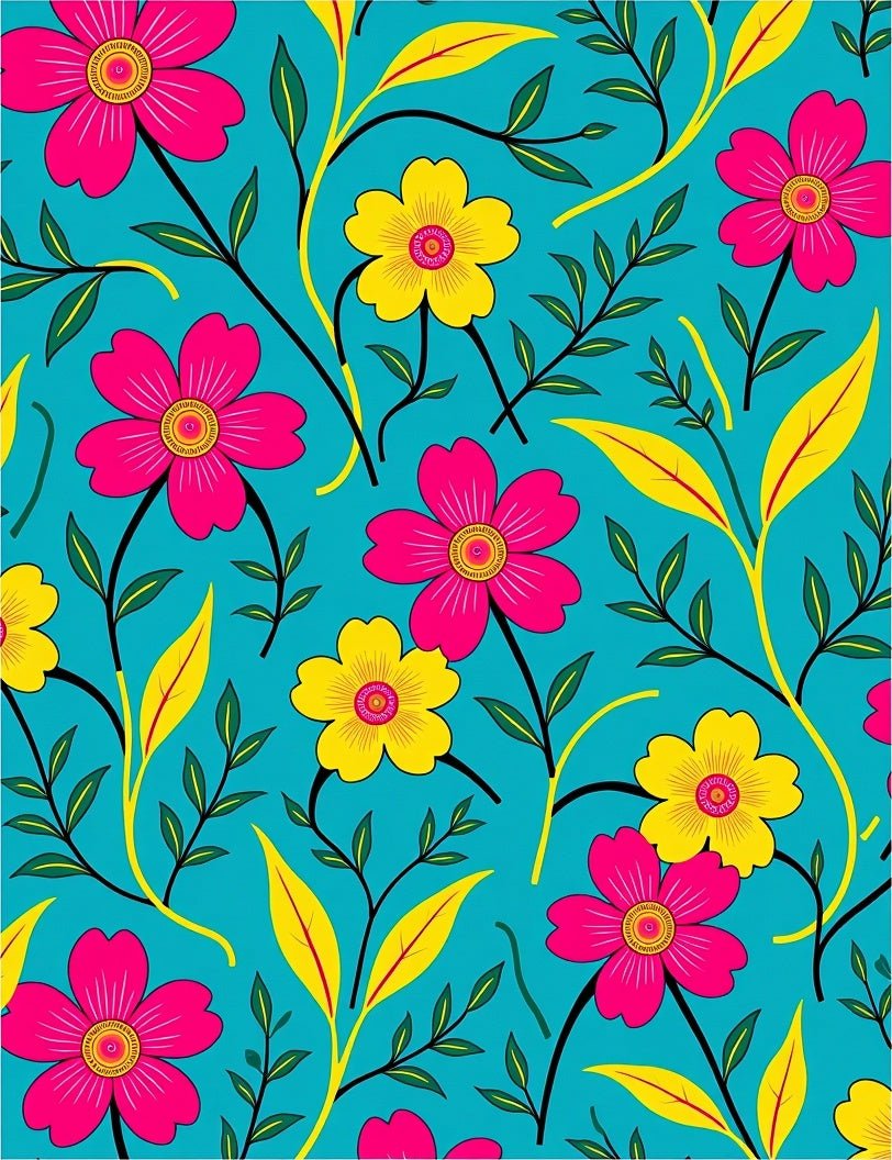 Vibrant Pink Yellow Floral Aqua Canvas Rug